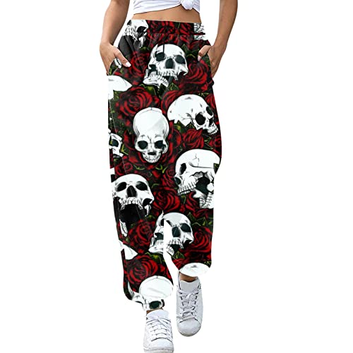 Damen-Jogginghose mit Totenkopf-Aufdruck, weites Bein, Jogginghose für Damen, modisch, lässig, Retro-Sporthose, Trainingsanzug, elastische Taille, lockere Sportbekleidung, Gothic-Stil, Longewear, von Nidddiv