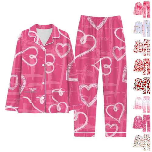 Damen Nachtwäsche Pyjama-Set Valentinstag Herz Gedruckt Nachtwäsche Rosa Weich Pyjama Button Down Shirts Langarm Elastische Taille Hose Revers Casual Tops Lose Hosen Shirts Set, rose, 50 von Nidddiv