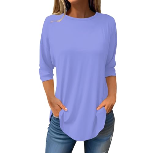 Damen Schwarzes T-Shirt 3/4 Arm Oberteile Basic Rundhalsausschnitt Longshirt Große Größen Einfarbig Tunika Lässige Lange Sommershirts Oversize Leicht T-Shirt Sommer Tops Teenager Mädchen von Nidddiv