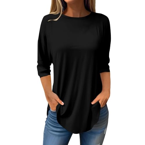Damen Schwarzes T-Shirt 3/4 Arm Oberteile Basic Rundhalsausschnitt Longshirt Große Größen Einfarbig Tunika Lässige Lange Sommershirts Oversize Leicht T-Shirt Sommer Tops Teenager Mädchen von Nidddiv