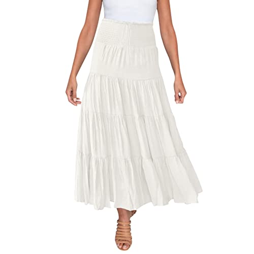Damen Sommer Lange Röcke Elastische Hohe Taille Boho Rock Einfarbig Maxi Rock Damen Casual Rock Kordelzug A Linie Flowy Rock Patchwork Rüschen Strand Swing Röcke Leichtes Sommerkleid, weiß, 44 von Nidddiv