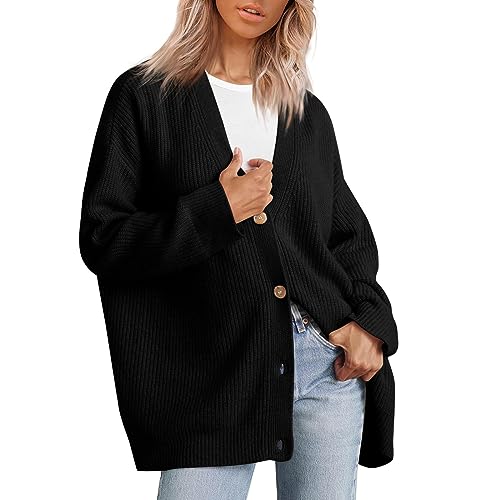 Damen Strickjacke Knopf Übergroße Pullover Jacken Leichte V-Ausschnitt Lose Strickwaren Einfarbig Gerippte Mäntel für Frauen UK Langarm Warme Pullover Herbst Casual Knit Shirts Tops, Schwarz , von Nidddiv