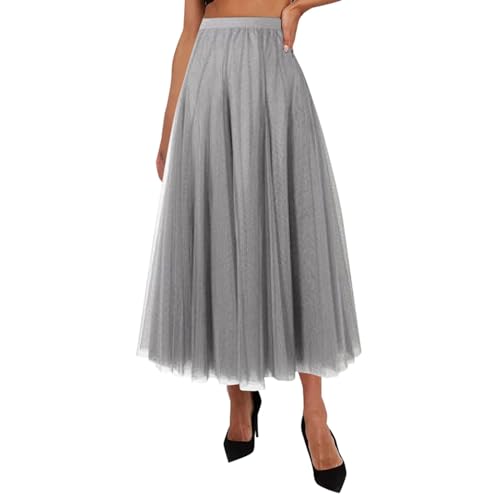 Damen Tüllrock Hohe Taille Stufig Layered Mesh Ballett Prom Party Tüll Tutu A-Linie Midi Rock Einfarbig Elegant Rock, grau, 44 von Nidddiv