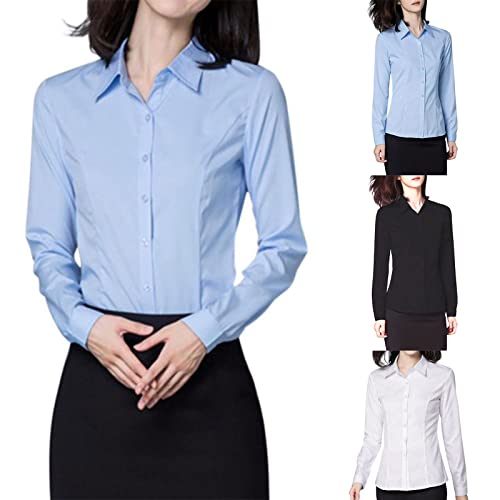 Damen formelle Hemden Business Arbeit Büro Hemden Langarm Tops Revers Button Down Bluse Slim Tight Shirt Multi Size Choice Damen Blusen & Shirts Einfarbig Hemd Leichte Hemden, weiß, Small von Nidddiv