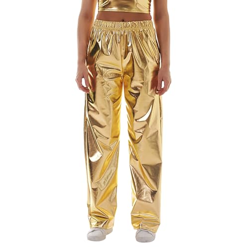 Metallic Glänzende Hose für Damen Lack Leder Wet Look, Hip Hop Tanzhose Hohe Taile Clubwear Elastischer Sporthose Stretch Nachtclub Cargohose Karneval Outfit Disco 70er 80er Partyhose von Nidddiv