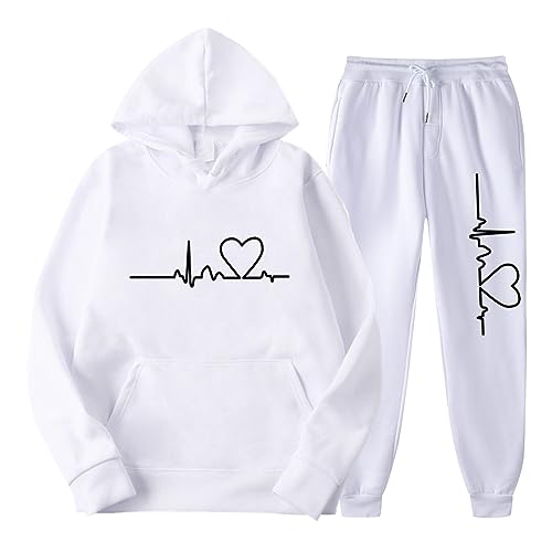 Nidddiv Damen 2 Outfits Casual Langarm Pullover Kapuze Crop Top Sets Farben Anzug für Frauen, weiß, 46 von Nidddiv