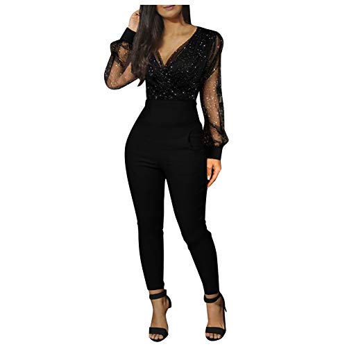Nidddiv Damen Mode Tasche Lang Lang Strampler Pailletten Ärmel Jumpsuit Mesh V-Ausschnitt Damen Jumpsuit Glitzer Jumpsuits, Schwarz , 36 von Nidddiv