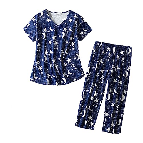 Nidddiv Damen-Schlafanzug, Sommer-Schlafanzug, Rundhalsausschnitt, kurze Ärmel, lange Hose, blau, 50 Nidddiv Damen-Schlafanzug, Sommer-Schlafanzug, Rundhalsausschnitt, kurze Ärmel, lange Hose, blau, 50 von Nidddiv