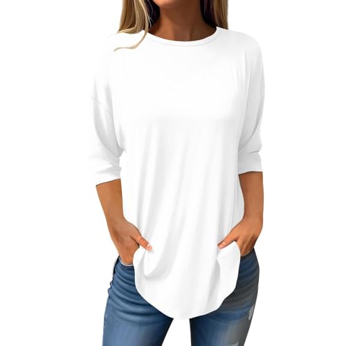 Nidddiv Damen Schwarzes T-Shirt 3/4 Arm Oberteile Basic Rundhalsausschnitt Longshirt Große Größen Einfarbig Tunika Lässige Lange Sommershirts Oversize Leicht T-Shirt Sommer Tops Teenager Mädchen von Nidddiv