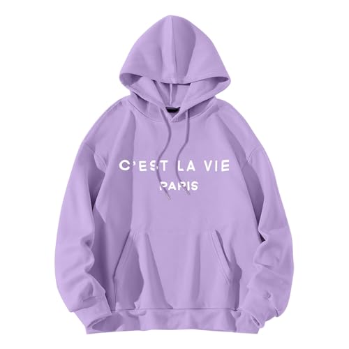 Nidddiv Einfarbig Hoodies für Frauen UK C'Est La Vie Paris Brief gedruckt Kapuzenpullover mit Kängurutasche Casual Thermo-Pullover mit Kordelzug Lose Drop Shoulder Mäntel Pullover Loungewear Jacken, von Nidddiv