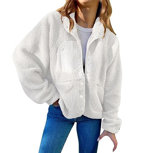 Nidddiv Fleece Kurze Damen Jacken Einfarbig Patchwork Teddy Fleece Mäntel Revers Baggy Casual Pullover Jacke Knopf Mantel Langarm Fledermausärmel Mode Oberbekleidung Sportbekleidung, weiß, 48 von Nidddiv