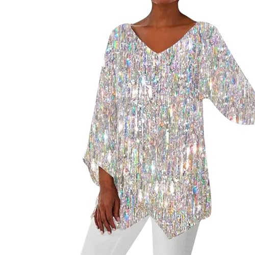 Nidddiv Glitzer Longbluse Damen Pailletten Oberteil Elegant V-Ausschnitt Bluse Modern Silvester Outfit Festliche Glitzeroberteil Frauen Aesthetic Outfit Festival Party Blusen Langarm Tunika von Nidddiv