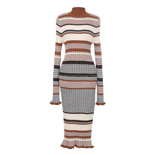 Nidddiv High Neck Sweater Dress for Women UK Knitted Long Dress Retro Striped Bodycon Dress Ribbed Jumper Dress Maxi Slim Stretchy Autumn Winter Thermal Sweater Long Sleeve Dress Christmas Dress, von Nidddiv