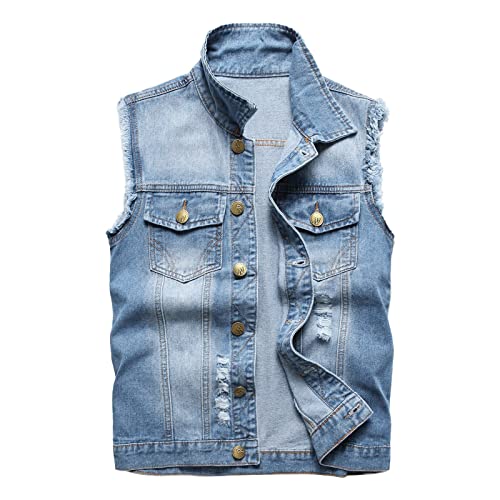 Nidddiv Jeansweste Damen Stehkragen Damenweste Mit Knöpfe Herbst Gewaschene Jeansjacke Cowboy Retro Damen Weste Zerrissene Mantel Mit Taschen Lässige Denim-Weste Dünne Mantel Damen Übergang von Nidddiv