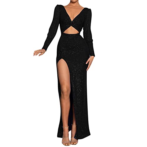 Nidddiv Partykleid Damen Sexy Knöchellanges Abendkleider Langarm V-Ausschnitt Cocktailkleid Damen Lang Ballkleider Glitzer Schwarz Mit Schlitz Maxikleid Elegant Abendkleid Wickelkleid Hochzeit von Nidddiv