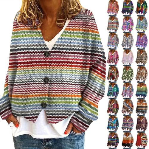 Nidddiv Strickjacken für Damen Bunt Gemustert Strickpullover Elegant V-Ausschnitt Langarm Strickmantel mit Knöpfen Winterjacke Blumendruck Winter Jacke Lose Strickpulli Lässige Wickelpullover von Nidddiv