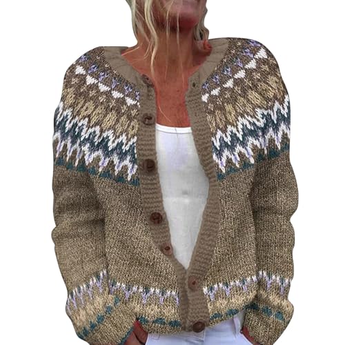 Nidddiv Warehouse Deal Damen Strickjacke Bunte Streifen Strickpullover Große Größen Rundhals Pulli Langarm Strickmantel Button-Down Cardigan Damen Norwegermuster Warme Winterpullover von Nidddiv