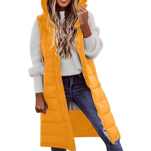 Nidddiv Warme Winterjacke Damen Damen Langer Wintermantel Weste mit Kapuze ärmellos warmer Daunenmantel mit Taschen Steppweste Daunenjacke Outdoorjacke Mantel Mit Fell Damen (Gold, XL) von Nidddiv