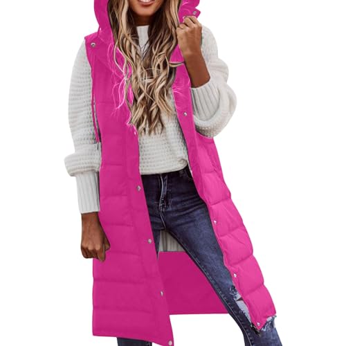 Nidddiv Warme Winterjacke Damen Damen Langer Wintermantel Weste mit Kapuze ärmellos warmer Daunenmantel mit Taschen Steppweste Daunenjacke Outdoorjacke Mantel Mit Fell Damen (Hot Pink, XXL) von Nidddiv