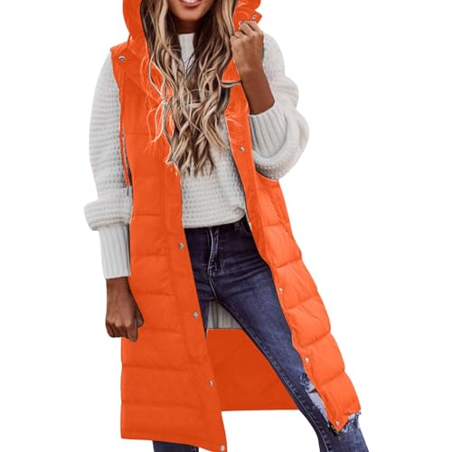 Nidddiv Warme Winterjacke Damen Damen Langer Wintermantel Weste mit Kapuze ärmellos warmer Daunenmantel mit Taschen Steppweste Daunenjacke Outdoorjacke Mantel Mit Fell Damen (Orange, XXXXL) von Nidddiv