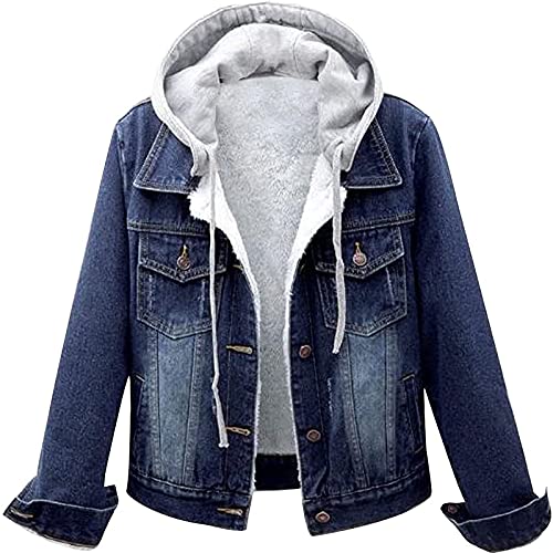 Nidddiv Winter Fleece Lined Denim Jackets Hooded Jean Coats for Women UK Plush Washed Denim Hoodie Vintage Button Down Drawstring Coat with Pockets Long Sleeve Lightweight Thermal Thick Overcoat, von Nidddiv