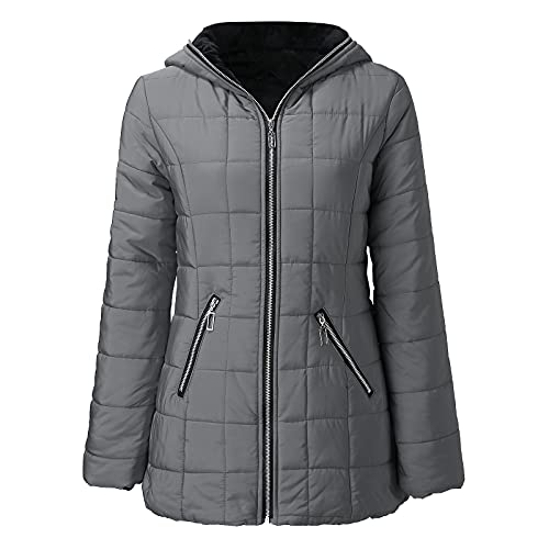 Nidddiv Winterjacken für Frauen UK Warme Steppjacke Plüschkragen Trenchcoat Dicke Slim Fit Mode Kausale Mäntel Einfarbig Kapuzenoberbekleidung Langarm Reißverschluss Thermo Hoodies Tops, grau, 48 von Nidddiv