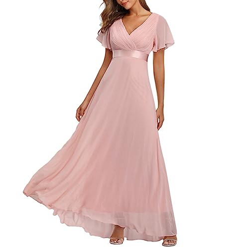 Partykleider für Damen UK Chiffon Bankett Brautjungfer Übergröße Abendkleider Ballkleid A-Linie Rüschen Maxikleid Hochzeitskleid Einfarbig Tüll Cocktailkleider Damen Lange Kleider Größe 18, rose, von Nidddiv