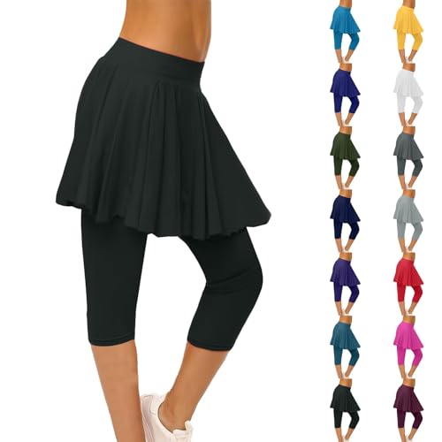 Sport Leggings Damen mit Rock 2 in 1, Faltenrock Damen mit 3/4 Leggings Active Sportleggings Hohe Taille Outdoorrock Fitness Gymnastik Sporthosen Yogahose Rockhose Golf Skort Capri Laufhose von Nidddiv