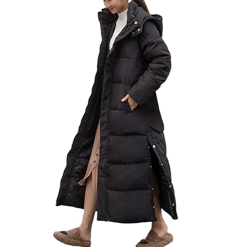 Winter Quilted Hooded Jackets for Women UK Thickened Warm Extra Long Cotton Padded Coats Button Side Slit Fashion Parka Jacket Solid Color Zip Up Overcoat with Pockets Thermal Outerwear, Schwarz , 42 von Nidddiv