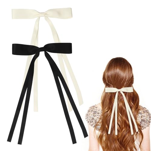 2 Stück lange Haarschleifen für Damen und Mädchen, Satin-Haarspangen mit langem Schwanz (Beige, Schwarz) von Nideen