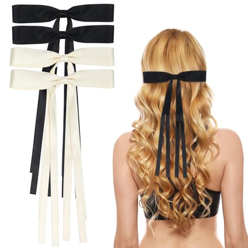4 Stück Haarschleife Damen Haarspangen Mädchen, Haarschleife mit Bänder Hair Bows Haarschmuck für Mädchen(Schwarz, Beige) von Nideen