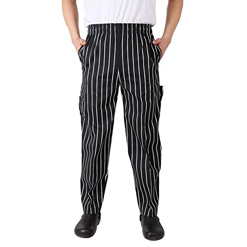 Nideen Herren und Damen Kochhose Schwarz Kochhose Bäckerhose Gummizug Bundhose Unisex Schwarz Sreifen XXL von Nideen