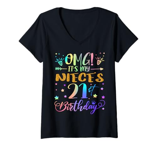 Damen OMG Es ist der 21. Geburtstag meiner Nichte Sweet 21 Jahre alt T-Shirt mit V-Ausschnitt von Niece 21st Bday Tie Dye Aunt Uncle