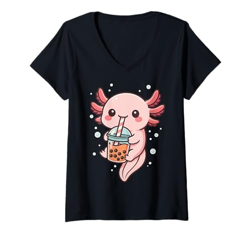 Damen Axolotl Drinking Boba Milk Tea T-Shirt mit V-Ausschnitt Damen Axolotl Drinking Boba Milk Tea T-Shirt mit V-Ausschnitt von Niedlich Japanisch Axolotl Kawaii Retro Bubble Tea