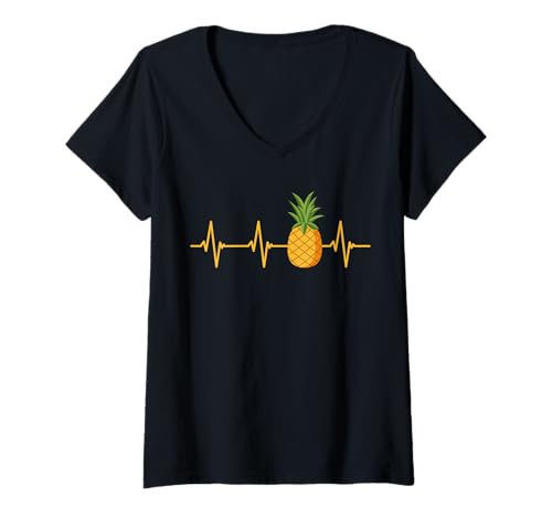 Damen Herzschlag Heartbeat Ananas T-Shirt mit V-Ausschnitt von Niedliche Ananas Geschenke