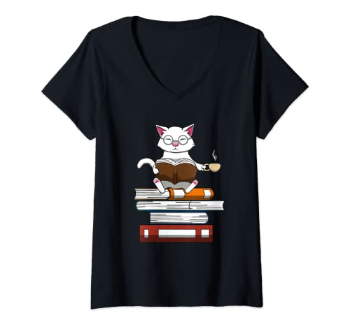Damen Katze Bücher und Kaffee Niedliches Kätzchen T-Shirt mit V-Ausschnitt von Niedliche Bücher Katzen