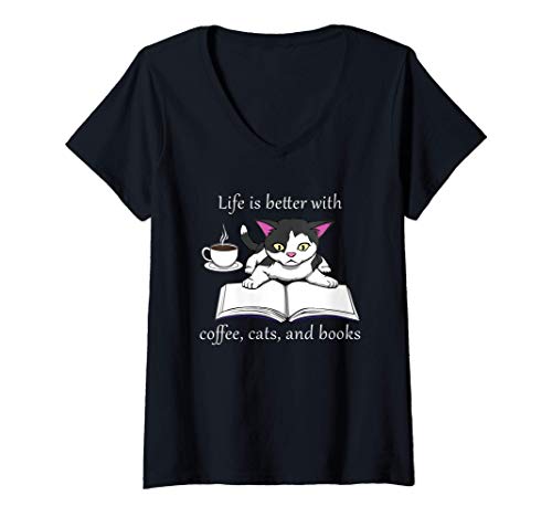 Damen Katze liest ein Buch Lesen Kaffee T-Shirt mit V-Ausschnitt von Niedliche Bücher Katzen