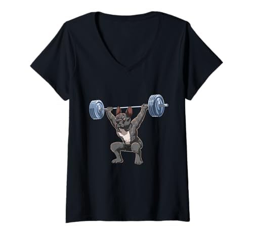 Damen Lustige Französische Bulldogge Gewichtheben und Bodybuilding T-Shirt mit V-Ausschnitt von Niedliche Bulldogge Gewichtheben Tank Tops