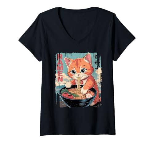 Damen Ramen Cat Anime Kawaii Orange Kitten Ramen Japan Food T-Shirt mit V-Ausschnitt von Niedliche Cartoon Katze Nudel Japanisch Stil