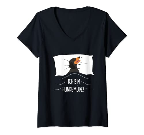 Damen Ich Bin Hundemüde Schlafshirt Hund Schlafen Spruch T-Shirt mit V-Ausschnitt Damen Ich Bin Hundemüde Schlafshirt Hund Schlafen Spruch T-Shirt mit V-Ausschnitt von Niedliche Dackel Schlafkleidung