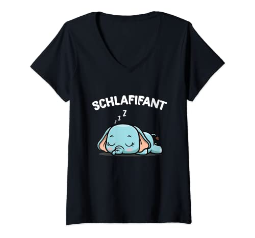 Damen Schlafifant Schlafender Elefant Pyjama Schlaf T-Shirt mit V-Ausschnitt von Niedliche Elefanten Schlafkleidung Geschenke