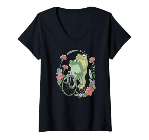 Damen Lustige Frösche Fahrrad Blumen Froschliebhaber T-Shirt mit V-Ausschnitt von Niedliche Frösche Fahrrad und Blumen