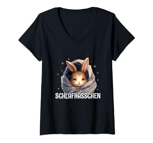 Damen Schlafhässchen Kaninchen Schlafen Pyjama Hase Schlaf T-Shirt mit V-Ausschnitt von Niedliche Kaninchen Schlafkleidung