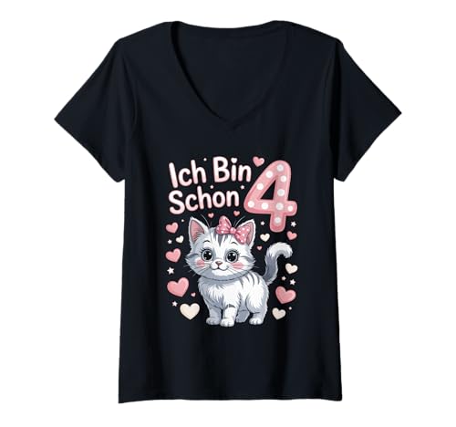 Damen Ich Bin Schon 4 Niedliche Katze Geburtstag T-Shirt mit V-Ausschnitt von Niedliche Katze Kindergeburtstag Design