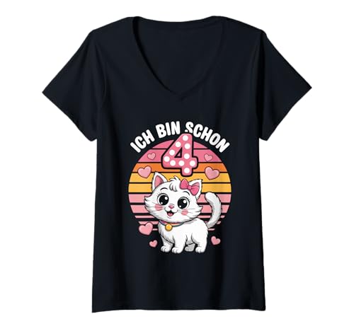 Damen Ich Bin Schon 4 Niedliche Katze Geburtstag T-Shirt mit V-Ausschnitt von Niedliche Katze Kindergeburtstag Design