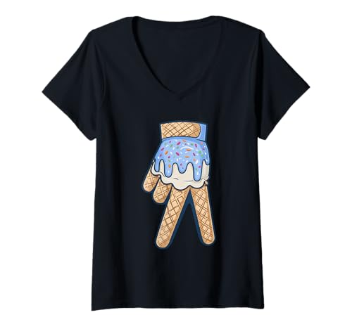 Damen Peace Cream Cartoon Waffelhand Blau Streusel Sommer Kawaii T-Shirt mit V-Ausschnitt von Niedliche Kawaii Peace Cream Food Festival
