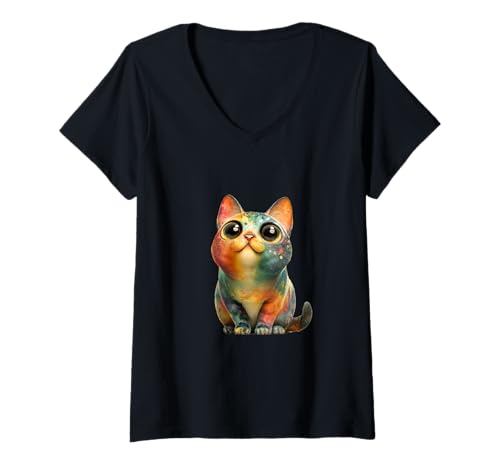 Damen Bunte Regenbogen Katze – Lustiges Design für Katzenfans T-Shirt mit V-Ausschnitt von Niedliche Kawaii Regenbogen Katzen Designs