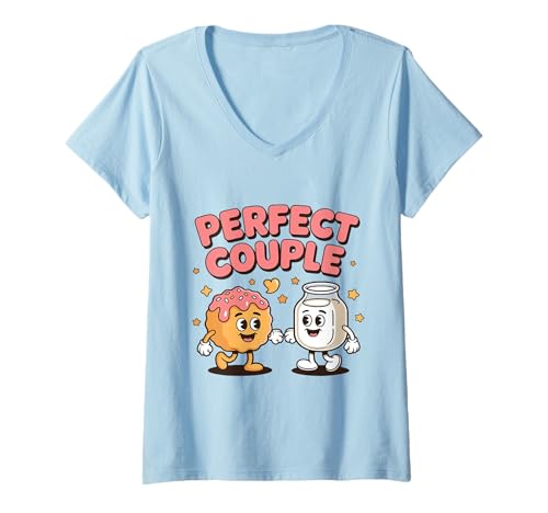 Damen Perfect Couple Keks Und Milch Liebesduo T-Shirt mit V-Ausschnitt Damen Perfect Couple Keks Und Milch Liebesduo T-Shirt mit V-Ausschnitt von Niedliche Keks Und Milch Cartoons Liebespaar