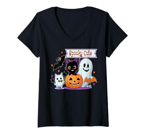 Damen Süßes Spukiges Halloween Katze Geist Szene T-Shirt mit V-Ausschnitt von Niedliche Kürbis Katze Geist Fans