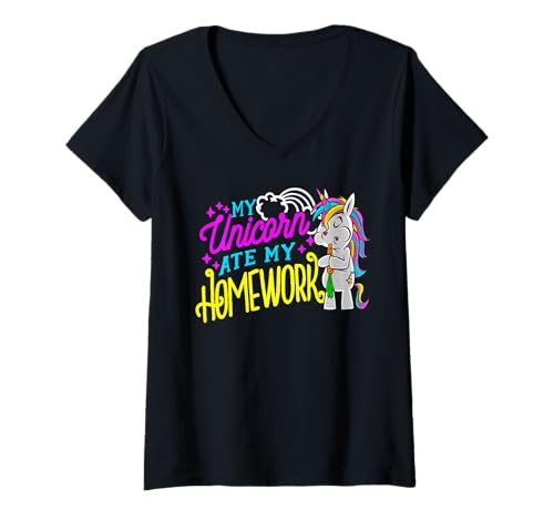 Damen Einhorn Ausrede Lustiger Schulspaß Witz Spruch T-Shirt mit V-Ausschnitt Damen Einhorn Ausrede Lustiger Schulspaß Witz Spruch T-Shirt mit V-Ausschnitt von Niedliche Magische Regenbogen Karottenzeit